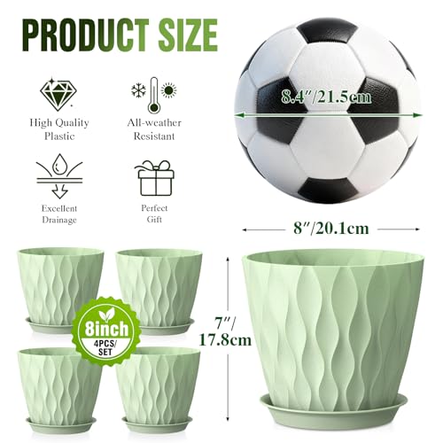 8 Inch Wave Plant Pots with Drainage Holes & Saucers, 4 Pack Modern Textured Medium Planters for Indoor Outdoor Plants, Decorative Flower Pots Repotting Set for Flowers, Herbs (Green) - color: Green