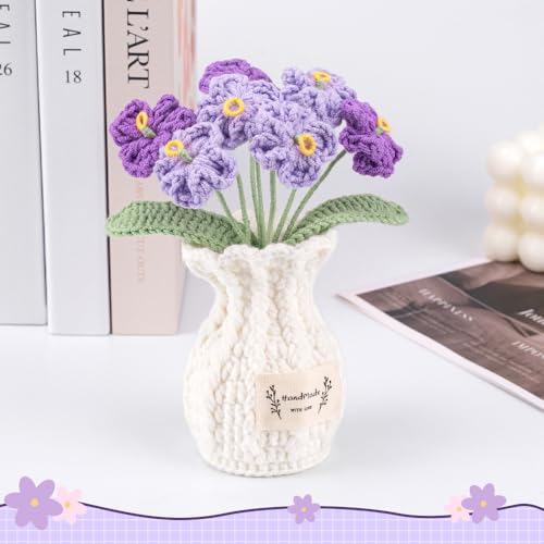 Forget Me Not Crochet Flower Plant, Small Cute Handmade Knitted Flowers with Vase, Small Crochet Potted Artificial Flower Plants for Desk Home Car Dashboard Office Decorations (Forget Me Not-Purple) - color: Forget Me Not-purple