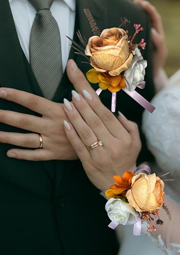 Corsage and Boutonniere Set Corsage Wistlet Burnt Orange Corsage Wrist Artificial Flower Perfert for Proms | Weddings for Bride,Bridesmaids, Groom,Groomsmen Decor (Burnt Orange) - color: Burnt Orange