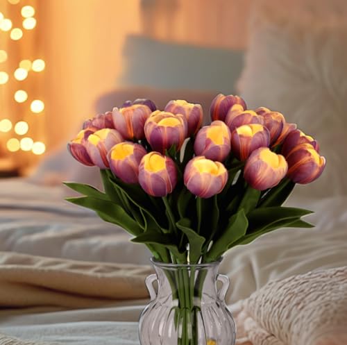 HOMESEASONS 20 Stems LED Lighted Artificial Flowers Tulip Lamp Real Touch Tulips Faux Flower Lights for Valentine's Day and Easter Home Kitchen Wedding Dining Table Decor(Purple) - color: Purple