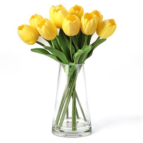 GarveeTech 10 Pcs Real Touch Artificial Tulips - PU Fake Tulip Stems with Glass Vase, Yellow Spring Flower Arrangement for Easter, Wedding, Home, Table Centerpiece Decor - color: Yellow, size: Tulip(10 Pcs)