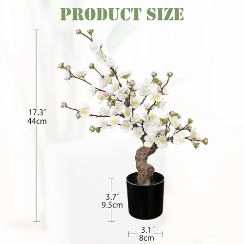 Faux Cherry Blossom Decor White Silk Flowers Arrangement 17.3" Small Cherry Blossom Flowers Tree Realistic Artificial Flowers with Vase Pot Fake Flowers for Home Office Table Centerpiece Wedding Decor - color: White #1, size: 17.3 inch