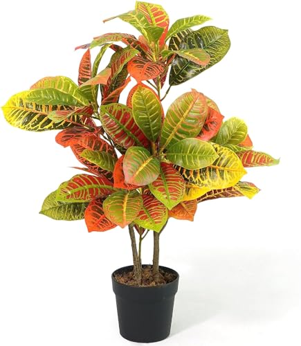 CAPHAUS 30 Inch Artificial Croton Tree Potted Plant - UV Resistant Faux Topiary Plant, Low Maintenance Realistic Indoor Outdoor Decor for Home, Office, Front Porch, Patio - size: 2ft 6in