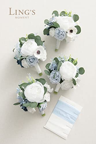 Ling's moment Artificial Bridesmaid Bouquets Set of 4,Dusty Blue Wedding Flower Bouquets White Floral Bouquet Light Blue Rose Bridal Bouquets with Ribbon,Ceremony,Anniversary,7-inch Diameter - color: Blu-dusty Blue & Navy