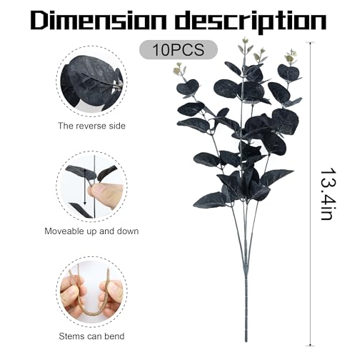 SITUMEIZI 10 Pcs Black Flower Artificial Eucalyptus Stems for Halloween Black Home Bathroom Bedroom Decor Skoopy Halloween Decorations 13.4 inch - color: Black