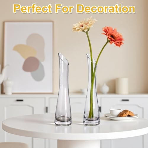 Hand-Made Blown Art Bud Glass Vase Transparet Gray Small Glass Vase Glass Flower Vase Heavy Base Single Stem Flower Drop Vase for Home Wedding Decor (Oblique Mouth-23cm)