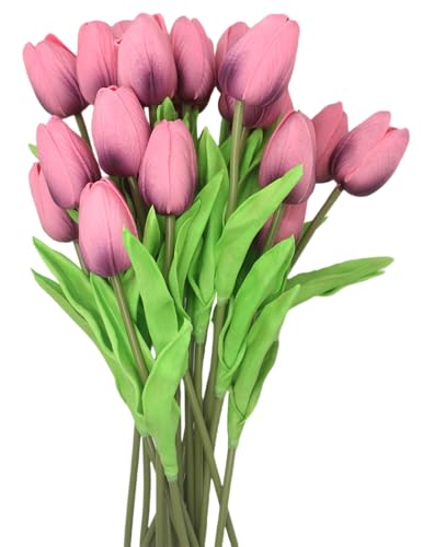 Artificial Flowers 10 Heads Mini Real Touch Artificial Tulip for Home Wedding Party Centerpiece Decoration (Dark Berry Pink) - color: Dark Berry Pink