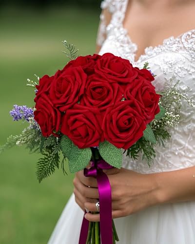 DuHouse 50Pcs Artificial Roses Flowers Fake Roses with Stems Real Touch Foam Flowers for DIY Wedding Bouquet Party Centerpiece Floral Arrangement Party Home Decor(Dark Red) - color: Dark Red, size: 50pcs