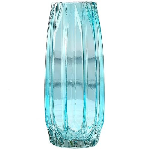 Lucky Bird Modern Ribbed Blue Glass Vase for Flowers, Candles, and Decorative Accents - Tall/Short for Centerpieces and Table Decor (12.0inch) - color: Blue, size: H-11.8inch
