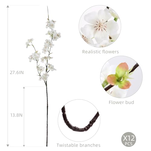 Artificial Cherry Blossom Branches 27.6In Silk Cherry Blossom Branches Long Stem Artificial Flowers for Tall Vase, for Home Decor, Spring Decor,Weddings Decor, Party&Festival Gifts 12PCS,White - color: 12pcs White