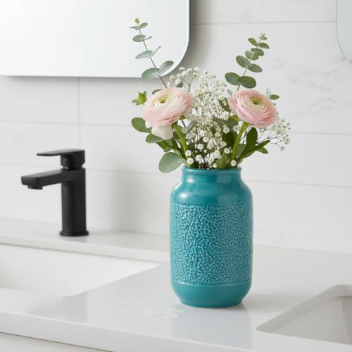 9 Inch Blue Ceramic Vase for Flowers - Textured Teal Cylinder Vase for Table Centerpieces, Modern Boho Vases Home Decor, Living Room, Kitchen Decor - color: Lake Blue