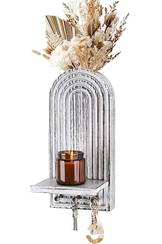 3-in-1 Wooden Wall Organizer - Planter Vase + Candle Sconces + Hooks (No Dried Flower)- Farmhouse Hanging Decor Boho Wall Art for Indoor Plants Artificial Eucalyptus for Living Room Bedroom Washwhite - color: Washwhite