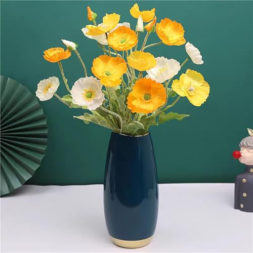 6pcs Artificial Poppy Silk Flowers With Stems - Faux Spring Blooms for Home Kitchen Table Centerpieces, Floral Arrangements, Wedding Bouquets and Mixed Decorations - color: Yellow-white