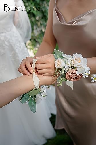 Dusty Rose Corsages for Wedding(Set of 6),Corsages for Prom,Party Prom Hand Flower Decor,Mother of The Bride Corsage,Bridesmaid Wrist Corsage - color: Dusty&cream