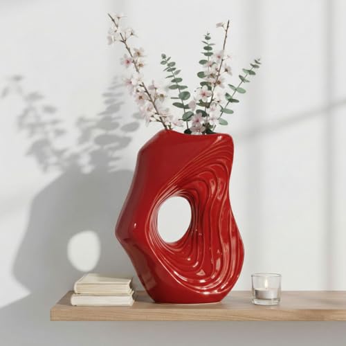 Sunddo Red Ceramic Vase for Home Decor, 11 Inch Modern Decorative Vase for Flowers, Donut Vases for Pampas Grass, Console, Kitchen, Mantle, Living Room, Table Centerpiece - color: Red, size: 11 inch