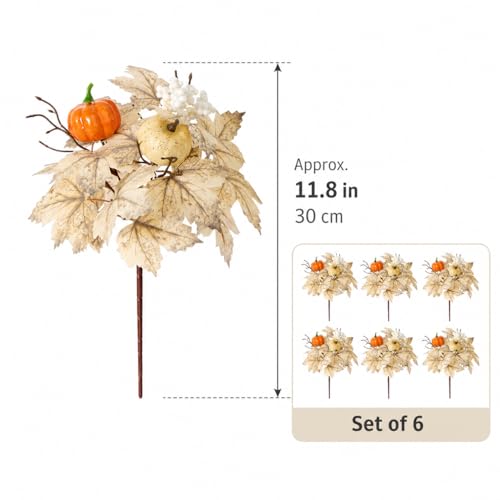 6 Pcs Fall Pumpkin Floral Picks, Artificial Maple Leaf Berry Stems, Thanksgiving Wreath Centerpiece Vase DIY Decorations - color: Red Yellow