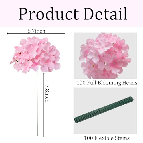 100 Pcs Faux Pink Hydrangea Artificial Flowers Bulk, Fake Silk Hydrangea Flowers Heads with Stems for Wedding Decorations Garden Party Baby Shower Porch Home Decor Table Centerpieces - color: Pink, size: 100 Pcs