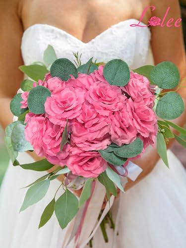 Hot Pink Rose Head Flowers with Long Stem, 108pcs Fuchsia Rose Artificial Flowers Bulk,Silk Rose Fake Flower for Wedding Bouquet Party Home DIY Baby Shower Centerpieces Tables Arrangement Decoration - color: Deep Pink