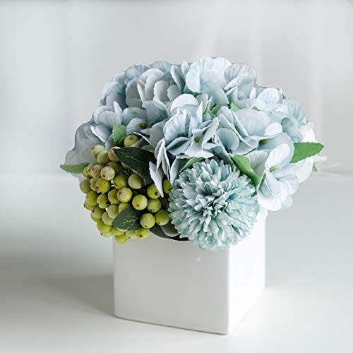 LADADA Fake Flowers in Ceramic Vase,Faux Hydrangea Flower Arrangements for Home Decor Artificial Flowers with Vase - color: Blue Hydrangea