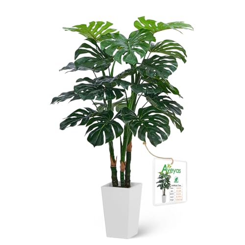 Aveyas 4ft Tall Artificial Monstera Deliciosa Plants, 4 Feet Faux Swiss Cheese Plants Fake Silk Tree with Pot for Indoor Outdoor Office House Living Room Home Decor (4 ft Tall Including Raised Pot) - color: Monstera Tree (4)