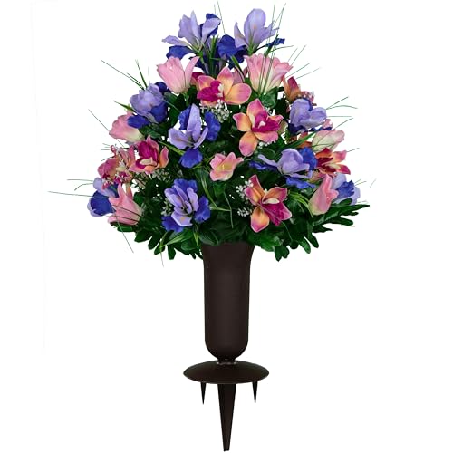 Sympathy Silks Artificial Cemetery Flowers - Grave Decoration - Cream Pink Tulips and Purple Iris (1) Bouquet (1) Vase - color: Cream Pink, size: (1) Bouquet (1) Vase