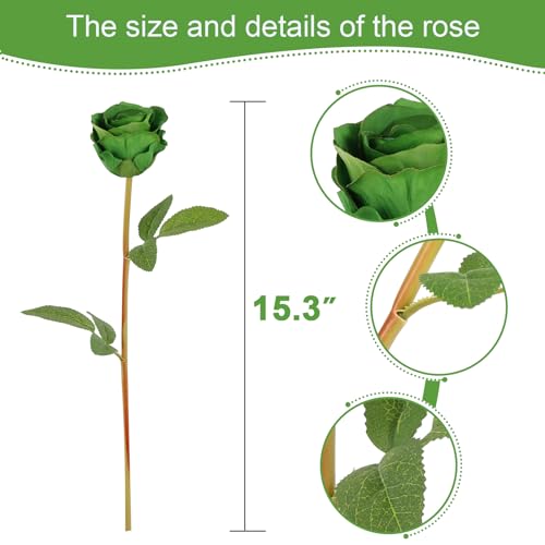 Hananona Artificial Roses Flowers for St. Patrick's Day，12 Pcs Silk Green Rose Bouquet for Spring Home Decoration, Green Faux Roses for Wedding - color: Green