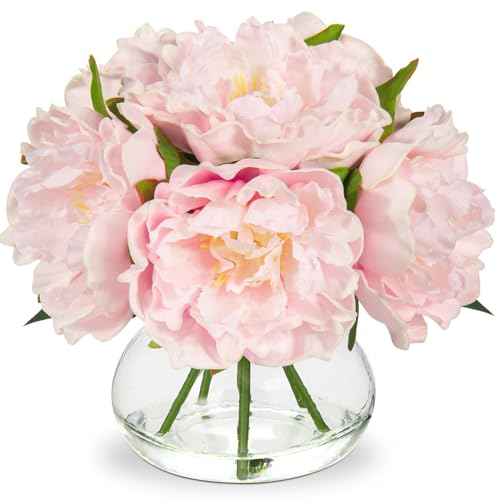 Hollyone Pink Peonies Artificial Flowers with Vase Faux Flowers Peony Fake Flowers Silk Flower Arrangements in Glass Vase with Faux Water for Home Decor Bathroom Table Centerpiece Shelf Decorations - color: Peony, Pink