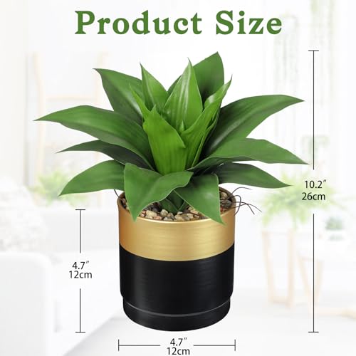 Briful Agave Artificial Wide Leaf Plant in Black and Gold Pot – 10.2” Tall Faux Greenery with Plastic Leaves & Pebble Base, Fake Plants for Indoor Table Decor, Desk, Shelf, Office or Bathroom - color: Green and Gray Agave Gold Black Vase