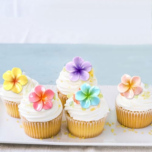 24Pcs Colorful Resin Frangipani Cupcake Toppers Hawaii Flowers Table Confetti for Floral Bridal Engagement Wedding Anniversary Party Hawaii Baby Shower Birthday Cupcake Picks Supplies - color: Frangipani