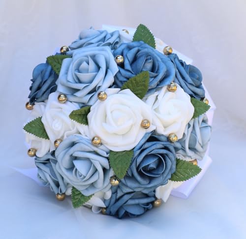 Handmade Wedding Bouquet Artificial PE Rose Bridal Bridesmaid Bouquet with Soft Ribbons Wedding Hand Holding Bouquet Artificial Fake Flowers Toss Bouquet(B-Light Blue & Blue & White, 9.1"/23cm) - color: B-light Blue & Blue & White, size: 9.1"/23cm