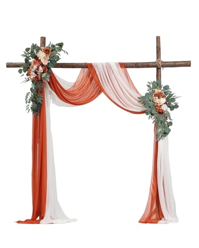 VEVOR Artificial Wedding Arch Flowers Kit, Orange Wedding Arch Flowers with Drapes Kit (Pack of 4) - 2 Pcs Floral Arrangement, 2 Pcs Sheer Drapes, for Ceremony Bouquets Reception Backdrop Decoration - color: Terracotta, size: 4 Pcs