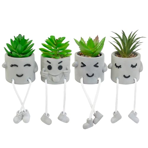 Set of 4 Small Faux Succulents in Cement Pots with Hanging Legs, Potted Mini Fake Plants for Desk, Office Cubicle, Kitchen, Bathroom, Wall Shelf Decor, Room & Bookshelf Ornament - color: 4small-shy-green