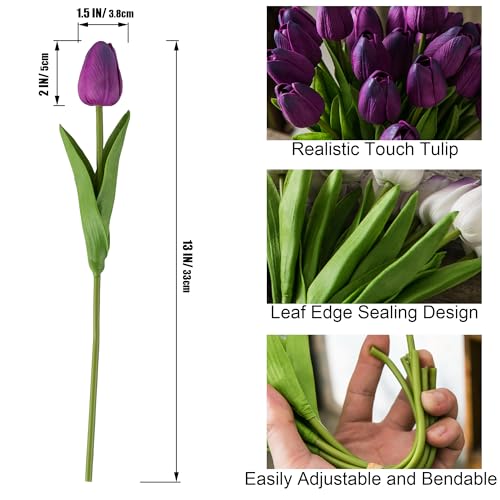 Tanvecle 20pcs Purple Artificial Tulip Flowers, Silk Fake Flowers 13" for Mother's Day, Easter, Valentine’s Day Gifts in Bulk, Home, Kitchen, Wedding Decorations - color: Purple