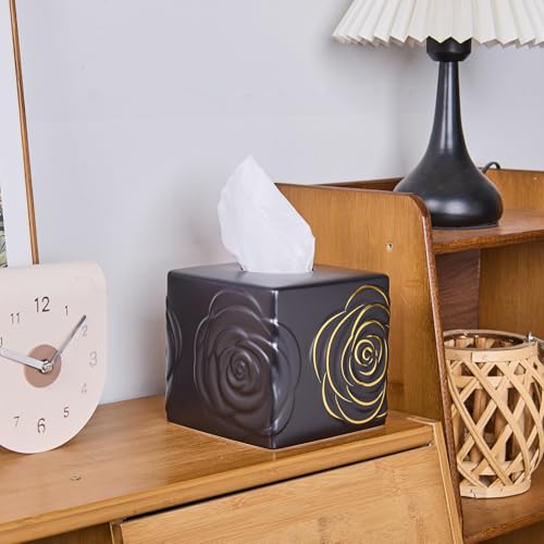 Black Ceramic Cube Tissue Box Cover with Gold Rose – Large Elegant Rose Floral Square Decorative Tissue Box Holder for Bathroom, Bedroom, Office Desk, Kitchen Counter – Perfect Housewarming Gift - color: Black&gold