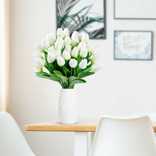Sggvecsy 30 Pcs Fake Tulips Artificial Flowers Real Touch PU Faux Flowers Tulip Stems for Wedding Spring Bouquet Floral Arrangement Home Party Office Decorations for Mother's Day (Green White) - color: Green White, size: 30 Pcs