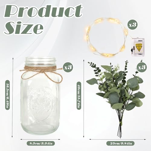 Lighted Mason Jar Centerpiece Set of 3 Eucalyptus Plant Decorative Jars Vase Farmhouse Table Decorations for Home Living Dining Room Wedding Christmas Thanksgiving Party - color: Jar-eucalyptus