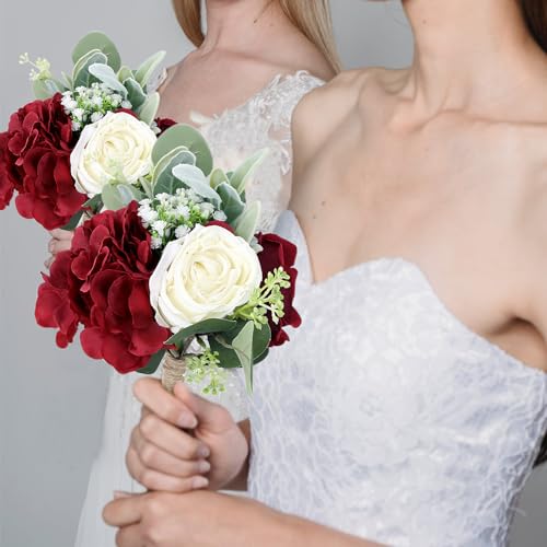 Artificial Bridesmaid Bouquet for Wedding - Burgundy White Single Wedding Bouquet for Bridesmaid, 7 Inch Bridal Bouquets for Bridesmaids Bridal Shower Vintage Wedding Ceremony, Anniversary - color: Burgundy & White, size: 1pcs Bouquets