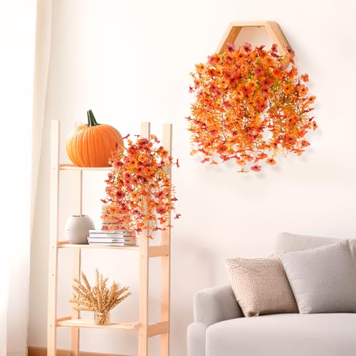 INQCMY Artificial Fall Flowers for Outdoors Fake Mums Hanging Flowers Plants 2Pcs UV Resistant Faux Flowers for Porch Patio Outdoor Decor Home Decor (Orange Autumn Red) - color: Orange Fall Red
