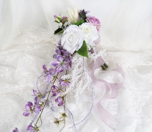 Bridal Bouquet,9 Inch Wedding Bouquets Purple and White Fake Wedding Silk Flowers for Ceremony Anniversary Brides Shower(Purple) - color: Purple