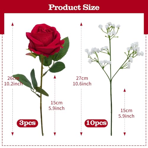 Fake Flowers Artificial Flowers Decorative Bouquet with Faux Baby's Breath, Velvet Roses Small Floral Arrangements for Wedding Table Centerpieces Home Décor - color: Red Rose