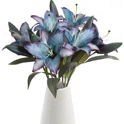 Blue Silk Flowers Fake Lillies 6PCS Vintage Lily Flowers Artificial Fake Blue Flowers Floral Arrangements Wedding Bouquet Party Eater Home Table Decor - color: 6pcs-blue