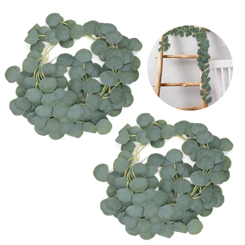 2-Pack Artificial Eucalyptus Leaves Garland, Realistic Artificial Plants, Fake Plants, Hanging Greenery Garlands with Lifelike Leaves, for Wall, Outdoor, Wedding, Party & Home Decor, 6.4 Feet/Pcs