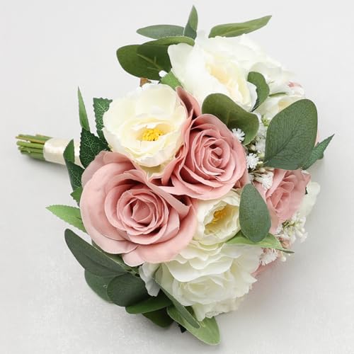 Set of 4 Bridesmaid Bouquets, 11 Inch Wedding Bouquets for Bridesmaids Artificial Flower Bouquets for Wedding Ceremony Bridal Shower Decorations - Dusty Pink & White - color: Dusty Pink & White, size: Set of 4 Bouquets
