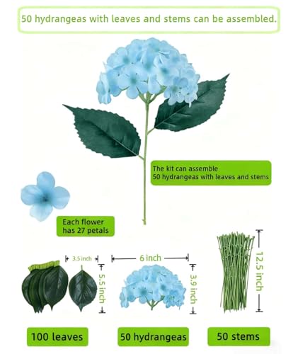 50 Pack Artificial Light Blue Hydrangea Flowers with Leaves, 6 Inch Silk Flower Heads, DIY Mother's Day Wedding Decor Set with 100 Leaves, 50 Stems - color: Light Blue