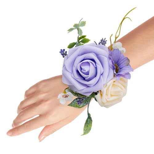 Set of 2 Wrist Corsage Wristlet for Wedding Bridesmaid Mother Grandmother for Bridal Shower Wedding Artificial Roses Flower Prom (Purple) - color: Purple
