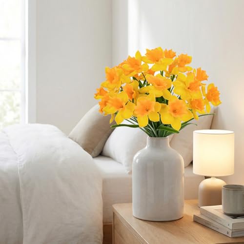 GnFlus 3 Bundles Daffodils Artificial Flowers, 15" Faux Daffodils with 21 Flower Heads, Real Touch Fake Spring Flower Yellow Decorative Flowers Bouquet for Home Wedding Centerpieces Vases Arrangement - color: Yellow, size: 3 Bundles-15 Inch