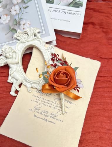 Marriwise 6pcs Rose Boutonniere for Men, Artificial Flowers Wedding Groom Groomsmen Boutonniere for Wedding/Anniversary/Prom/Rustic Wedding/Homecoming (Burnt Orange) - color: Burnt Orange