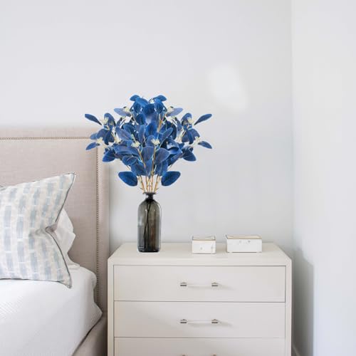GTIDEA 6pcs Faux Eucalyptus Stems Blue Artificial Eucalyptus Leaves Spray Greenery Stems Branches with Seeds Silver Dollar Eucalyptus Plant for Home Kitchen Indoor Vase Flower Arrangement Decor - color: 6pcs-blue