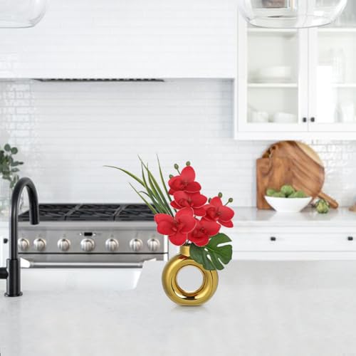 Briful Fake Orchid Flowers with Gold Pot 2PCS Red Orchid Silk Flowers Arrangement Artificial Orchid Plants for Home Office Room Kitchen Shelf Table Decor - color: Red Gold
