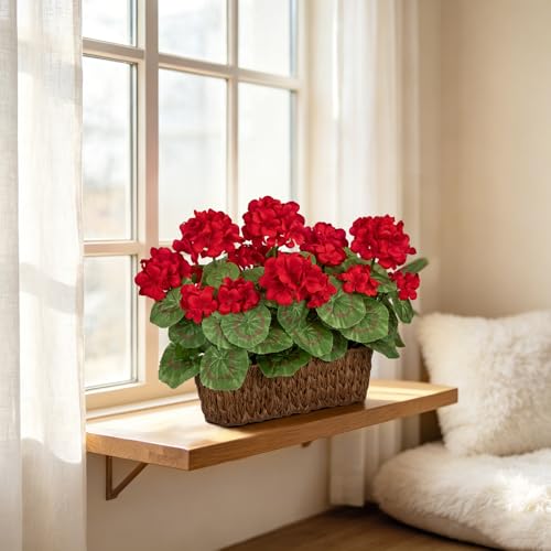 Briful Artificial Geraniums Flowers in Woven Basket Planter, Real Faux Red Silk Geranium Blooms for Outdoor Patio Porch, 13.8" Fake Potted Plant for Home Office Indoor Window Table Centerpiece Décor - color: Red#585